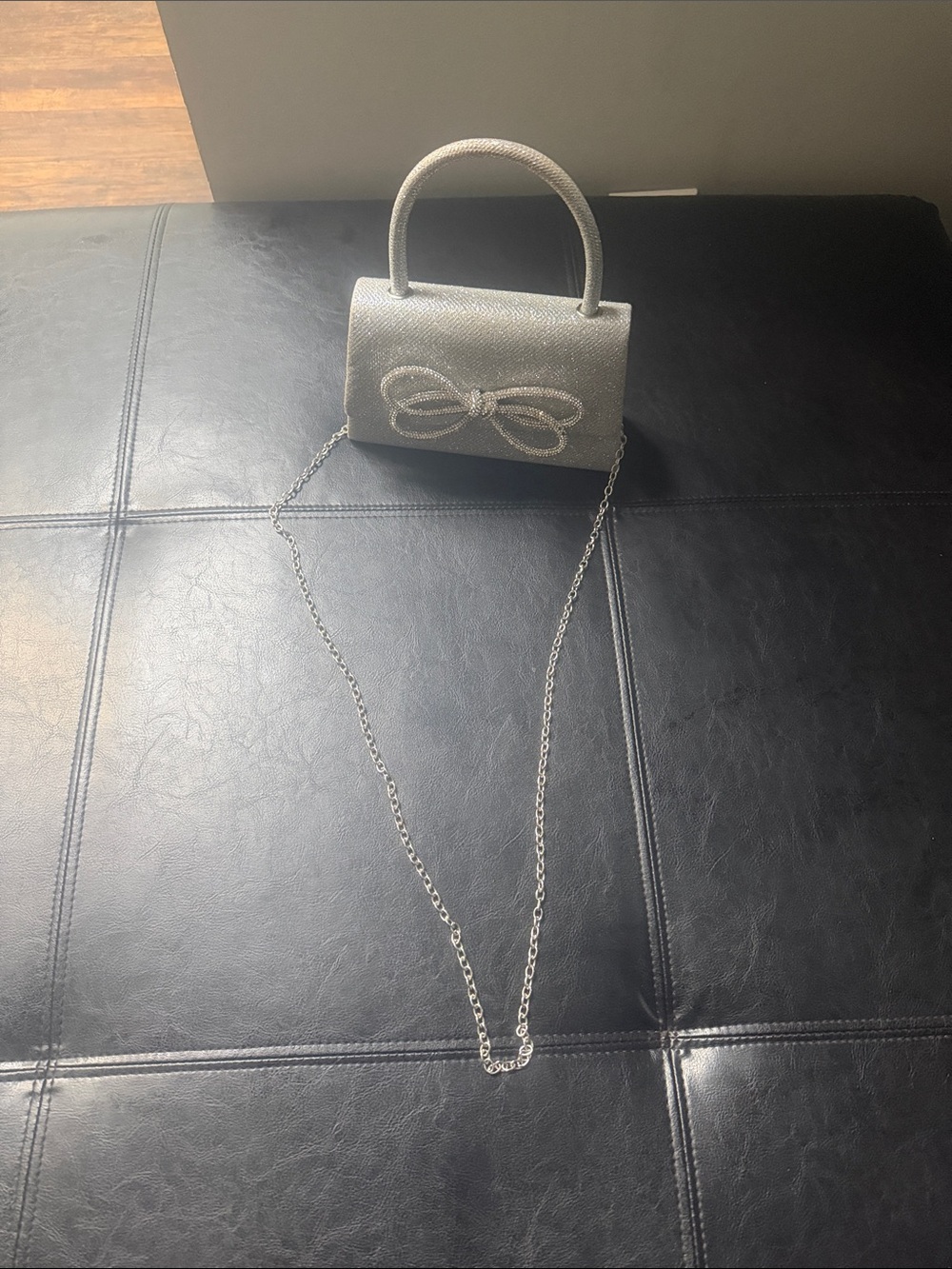 Silver Bow-Accent Evening Top Handle Bag